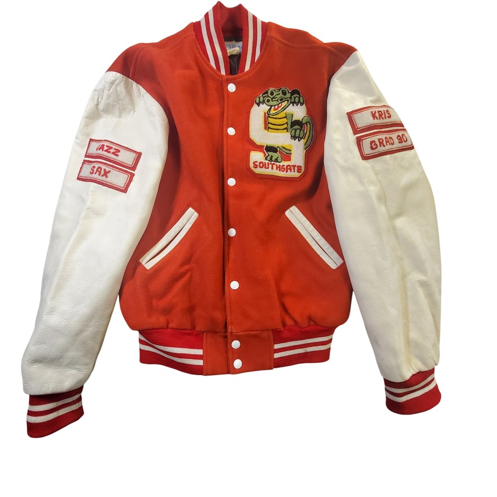 Vtg 90s Southgate Varsity Letterman Jacket Red Leather Wool Gator Bomber Canada